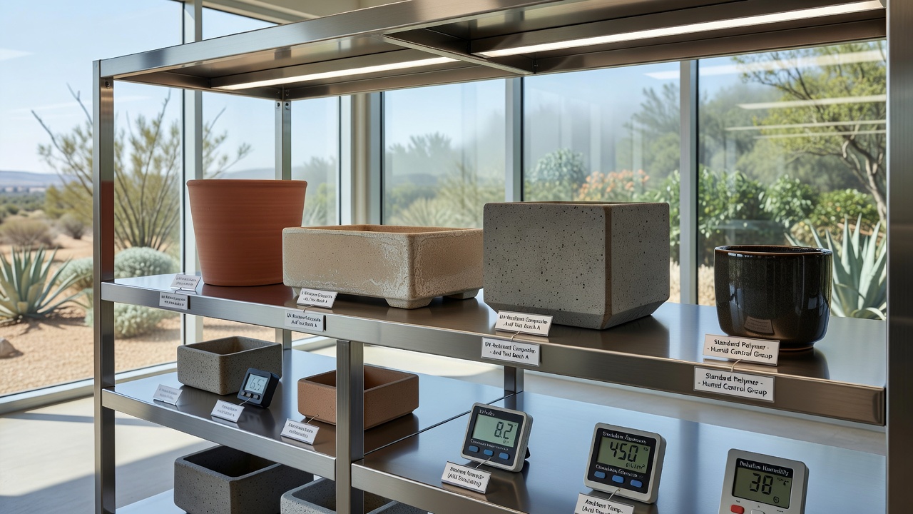 Planter material samples showing UV degradation patterns after multi-season exposure