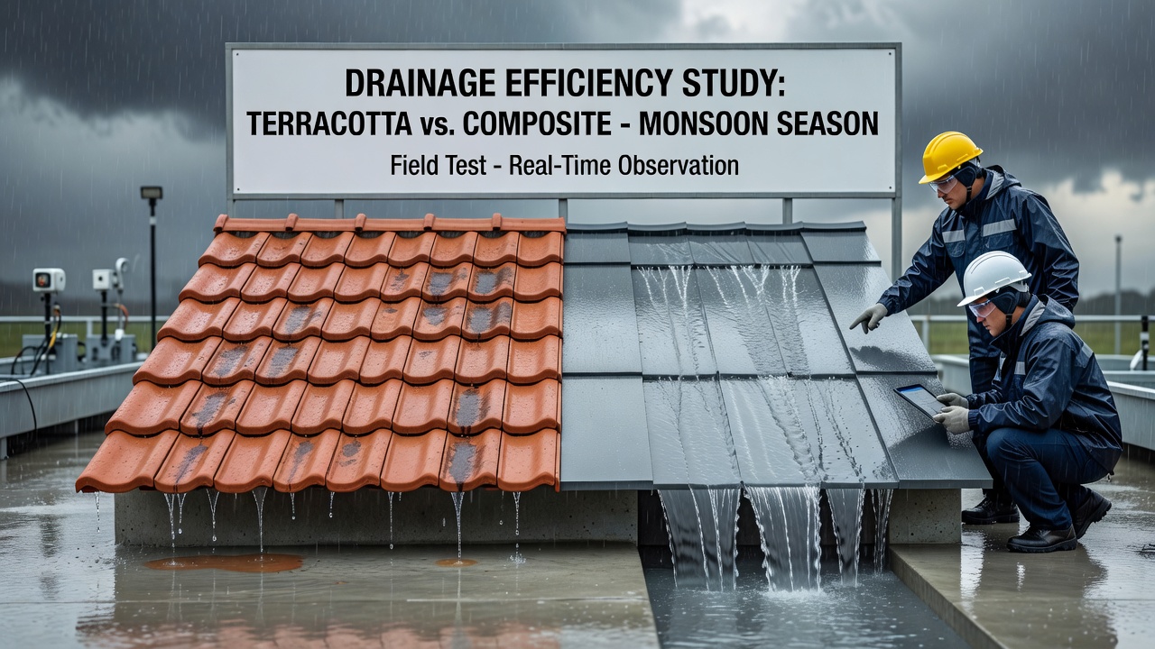 Cross-section view showing water flow through terracotta pores compared with composite drainage channels
