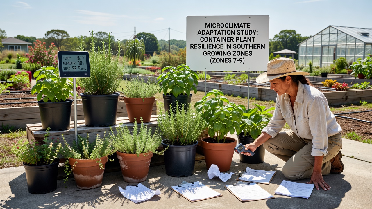 Detailed view of container plant groupings with moisture sensors and protective mulching layers in a southern setting